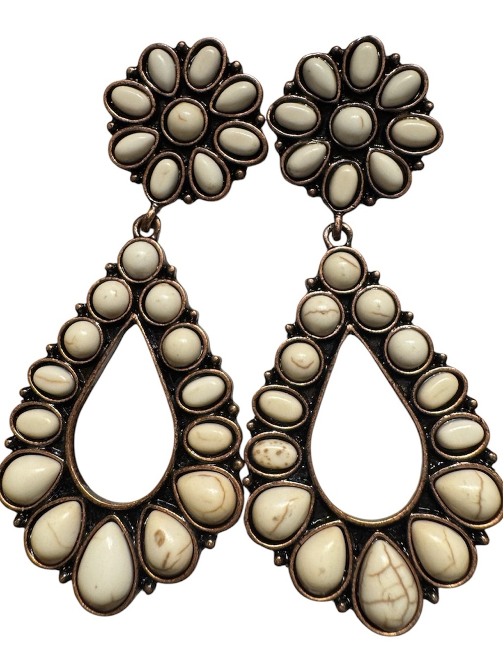 Boho Western White Howlite Stone Squash Blossom Drop Earrings - Picture 2 of 8